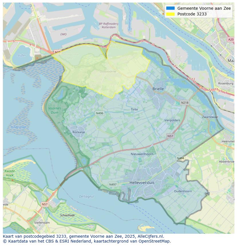 Afbeelding van het postcodegebied 3233 op de kaart.
