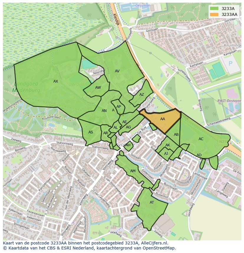 Afbeelding van het postcodegebied 3233 AA op de kaart.