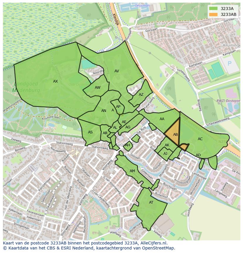 Afbeelding van het postcodegebied 3233 AB op de kaart.