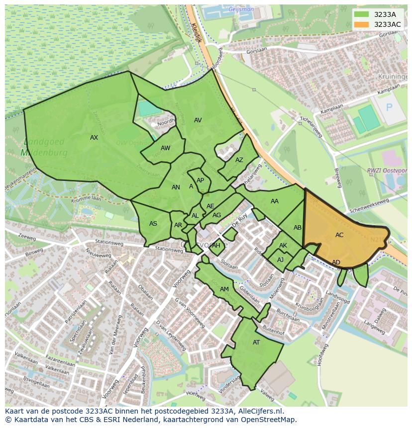 Afbeelding van het postcodegebied 3233 AC op de kaart.
