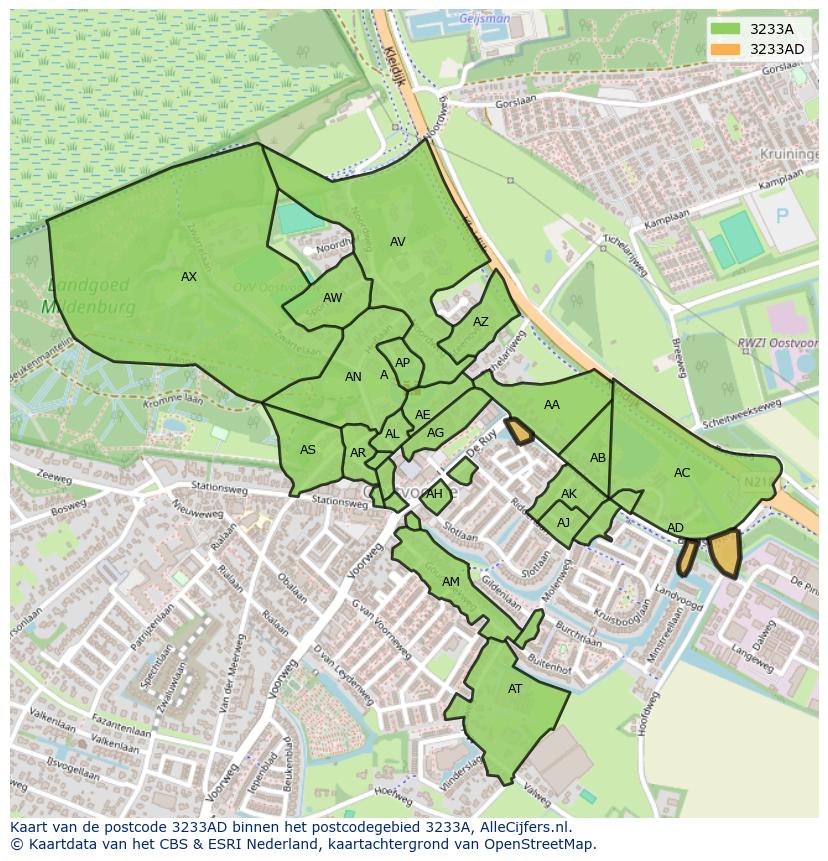Afbeelding van het postcodegebied 3233 AD op de kaart.