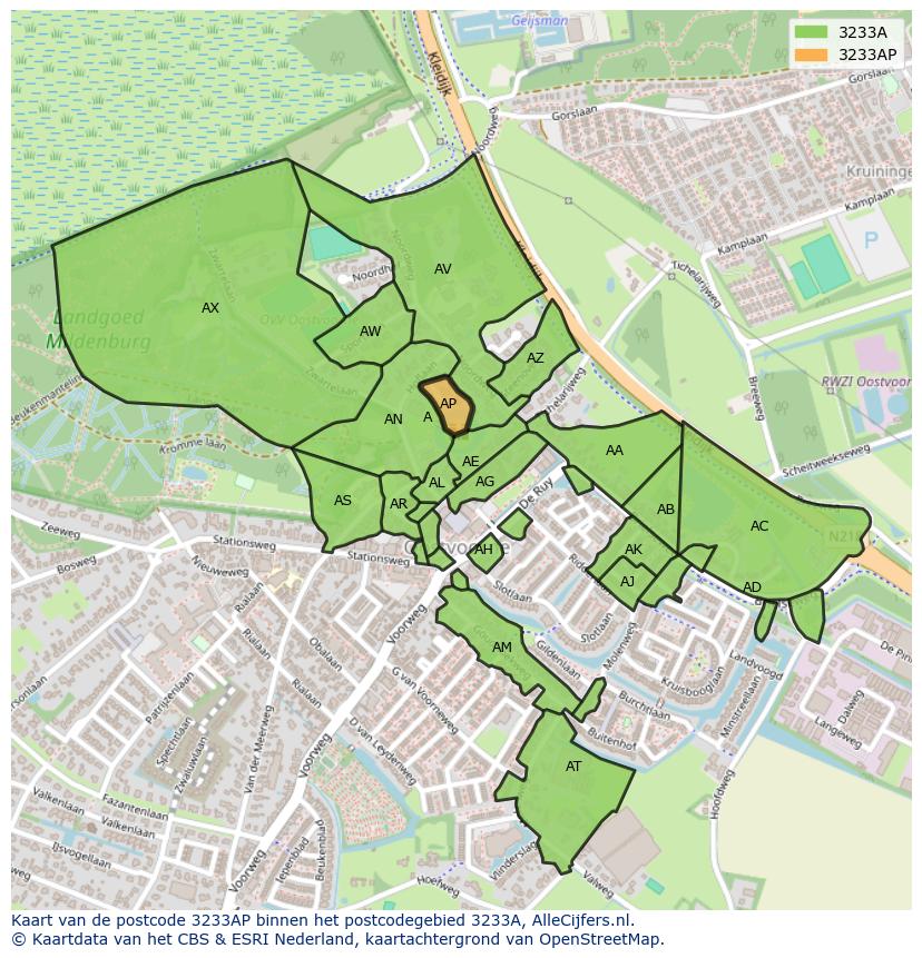 Afbeelding van het postcodegebied 3233 AP op de kaart.