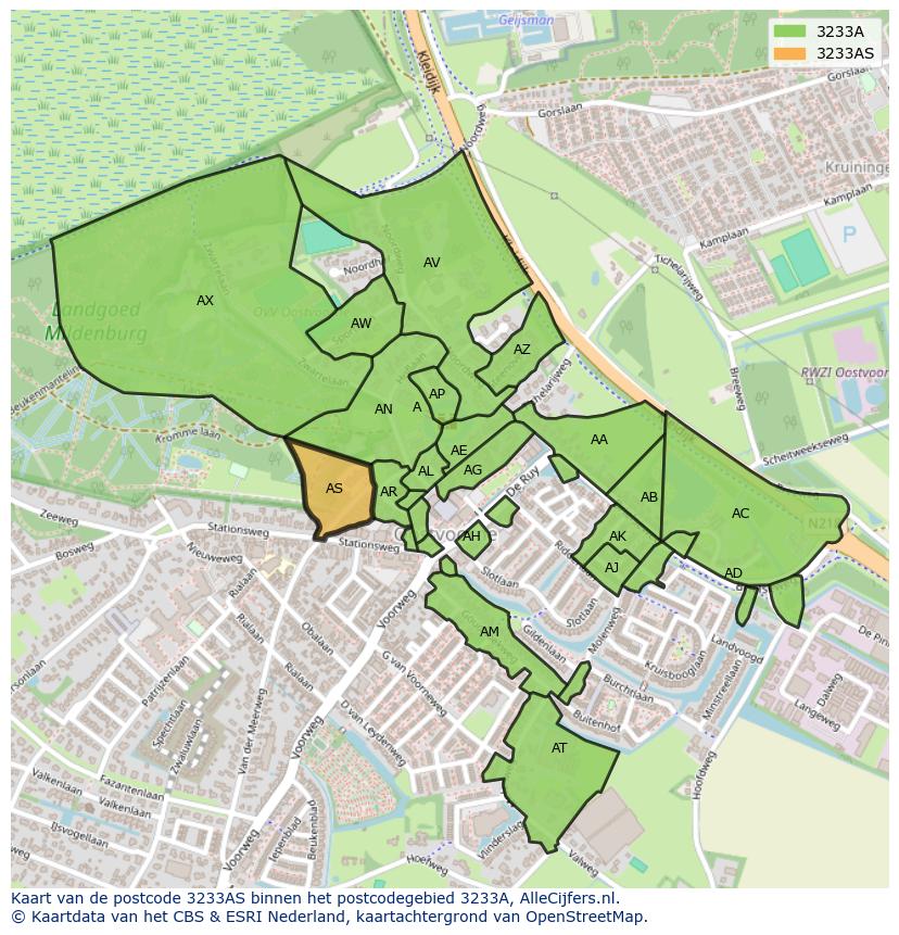 Afbeelding van het postcodegebied 3233 AS op de kaart.
