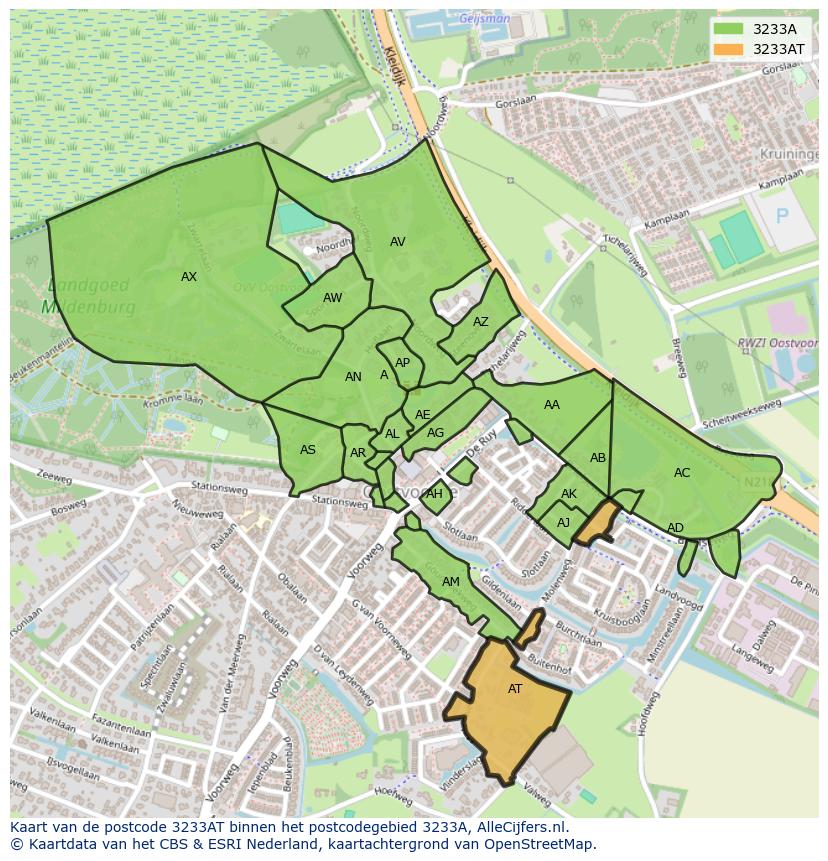 Afbeelding van het postcodegebied 3233 AT op de kaart.