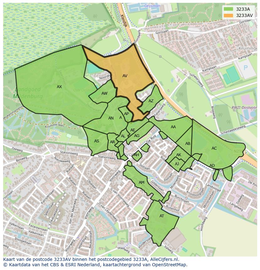 Afbeelding van het postcodegebied 3233 AV op de kaart.