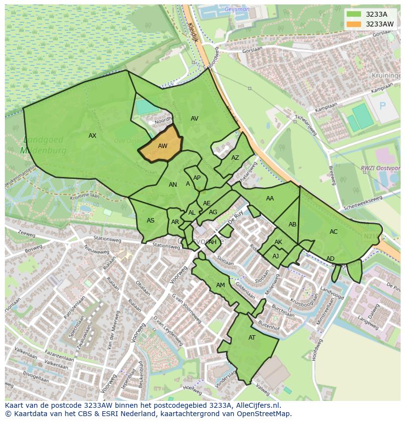 Afbeelding van het postcodegebied 3233 AW op de kaart.