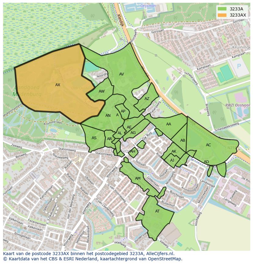 Afbeelding van het postcodegebied 3233 AX op de kaart.