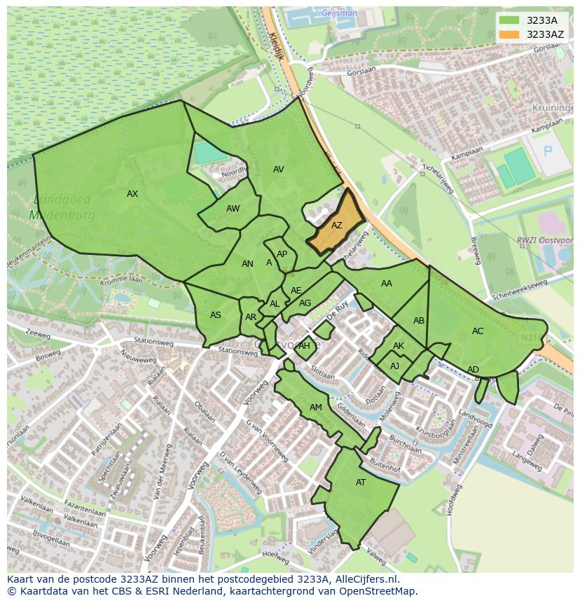 Afbeelding van het postcodegebied 3233 AZ op de kaart.