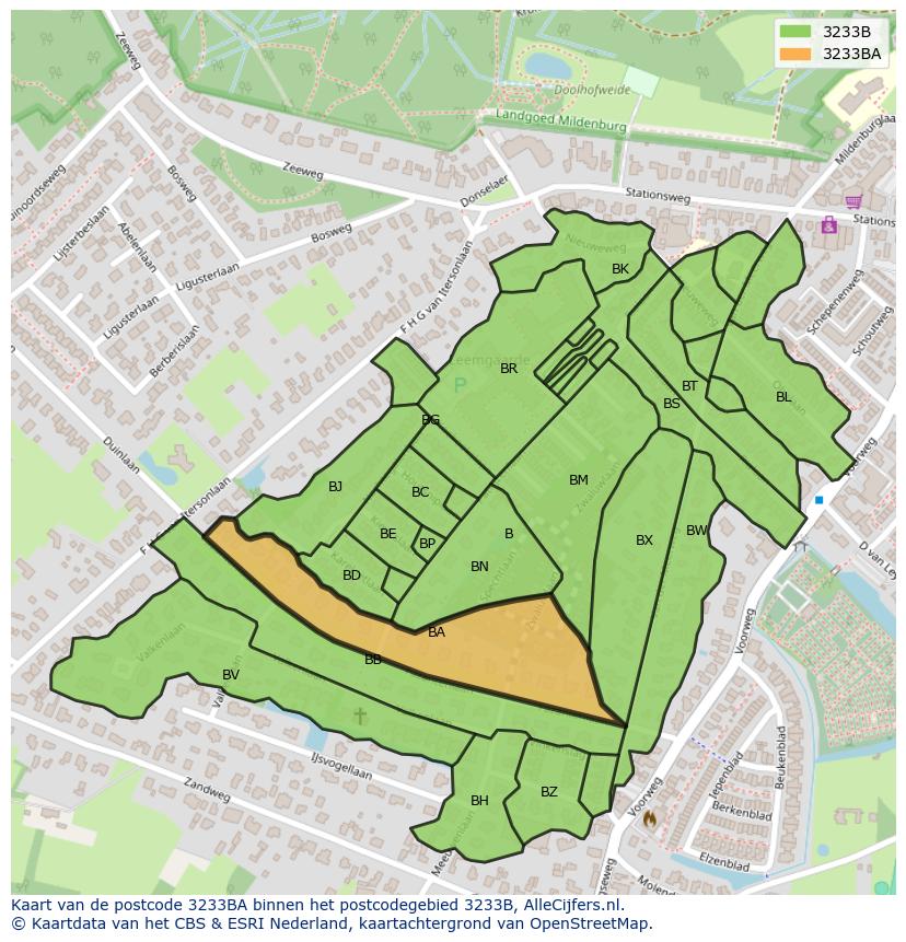 Afbeelding van het postcodegebied 3233 BA op de kaart.