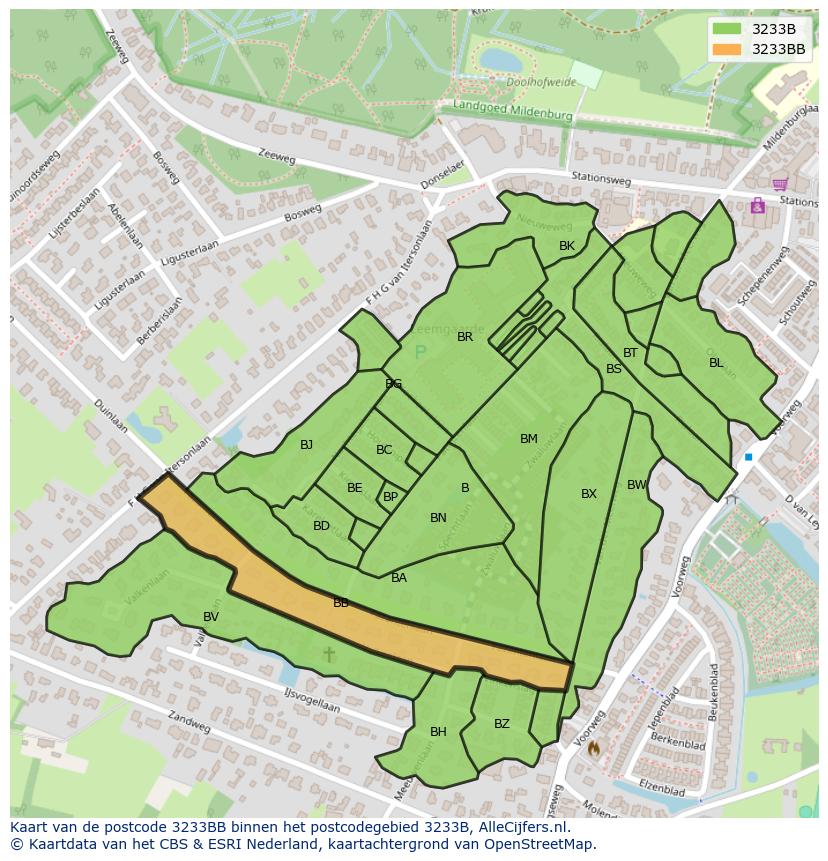 Afbeelding van het postcodegebied 3233 BB op de kaart.