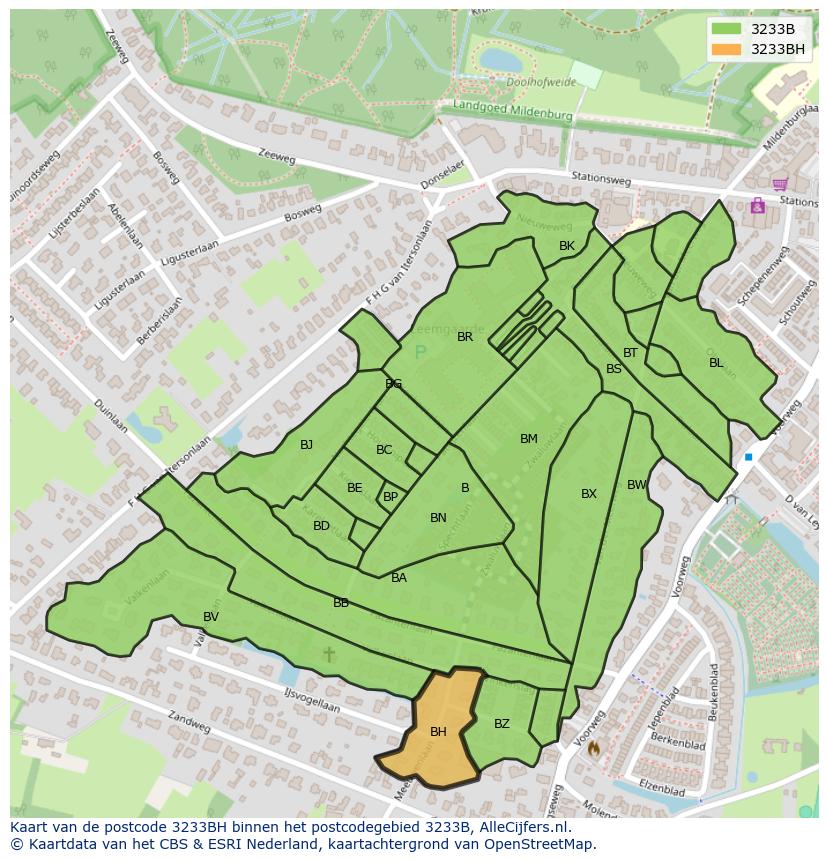 Afbeelding van het postcodegebied 3233 BH op de kaart.