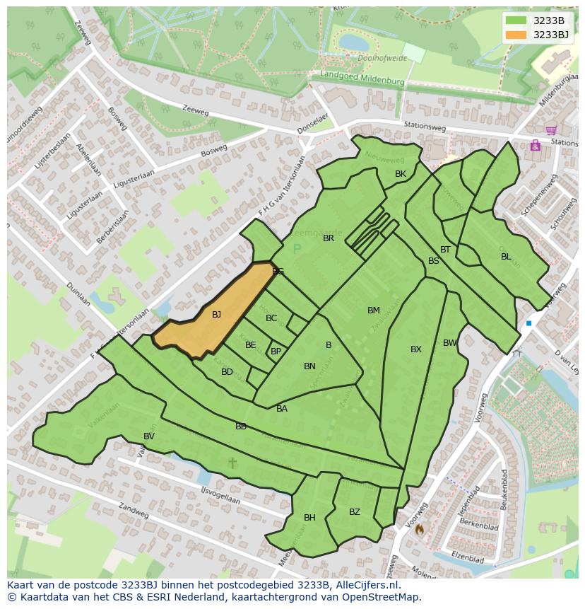 Afbeelding van het postcodegebied 3233 BJ op de kaart.