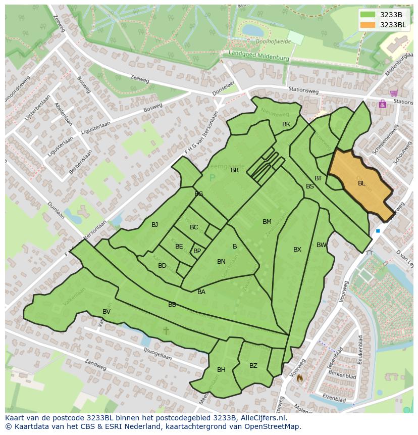 Afbeelding van het postcodegebied 3233 BL op de kaart.