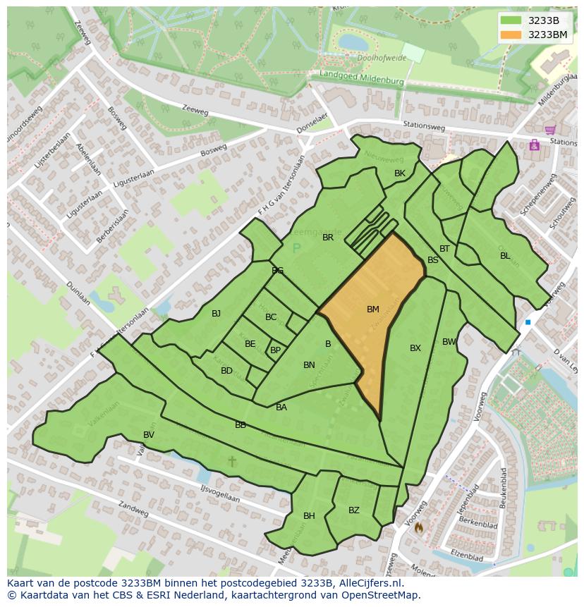 Afbeelding van het postcodegebied 3233 BM op de kaart.