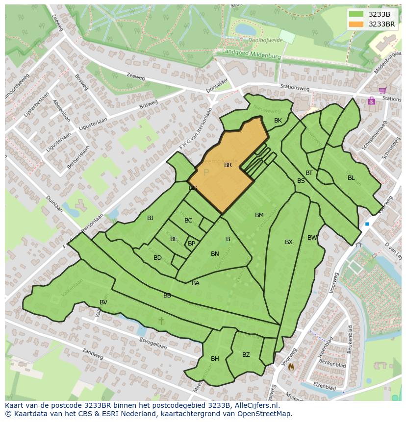 Afbeelding van het postcodegebied 3233 BR op de kaart.