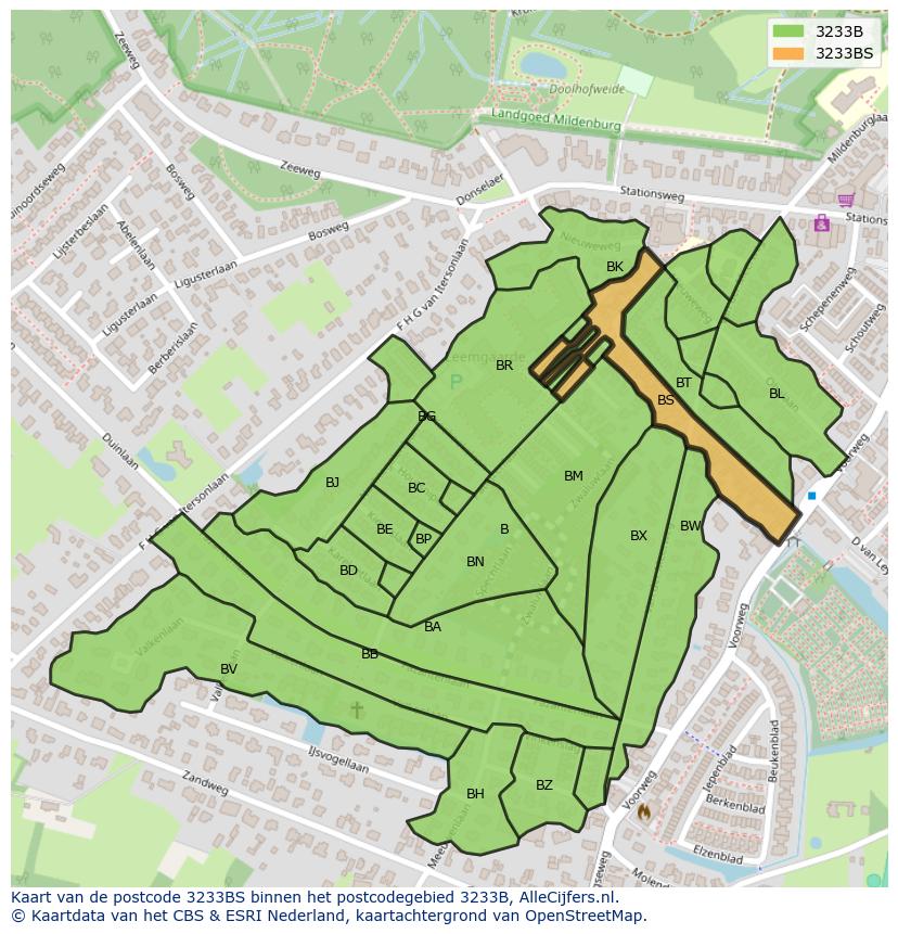 Afbeelding van het postcodegebied 3233 BS op de kaart.