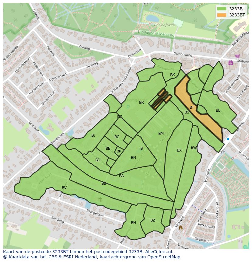 Afbeelding van het postcodegebied 3233 BT op de kaart.