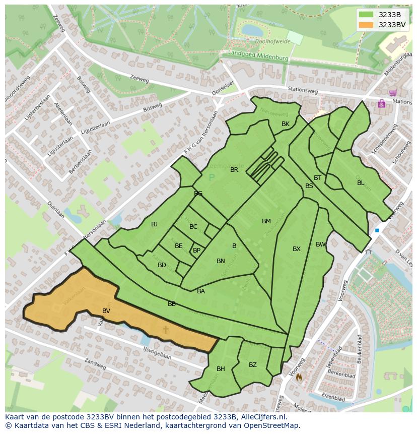Afbeelding van het postcodegebied 3233 BV op de kaart.