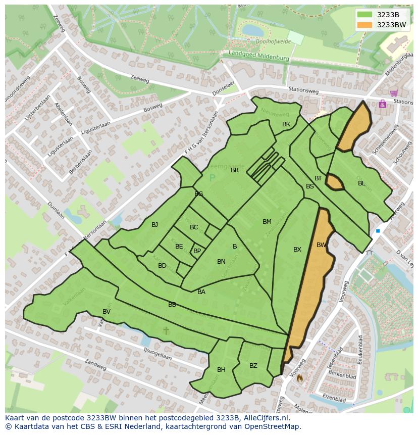 Afbeelding van het postcodegebied 3233 BW op de kaart.