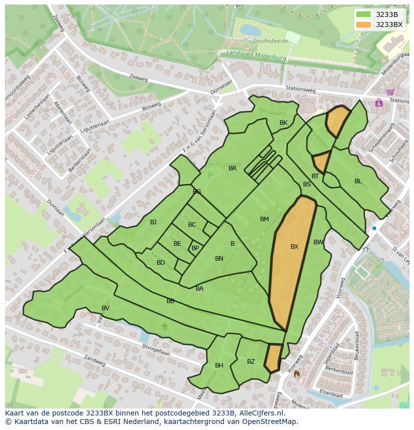Afbeelding van het postcodegebied 3233 BX op de kaart.