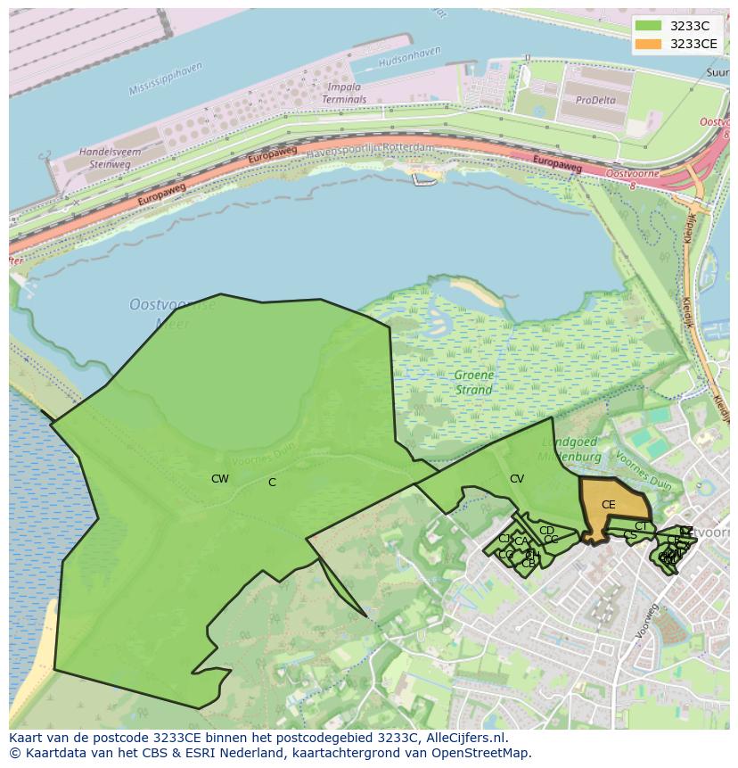 Afbeelding van het postcodegebied 3233 CE op de kaart.