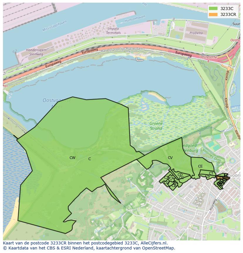 Afbeelding van het postcodegebied 3233 CR op de kaart.