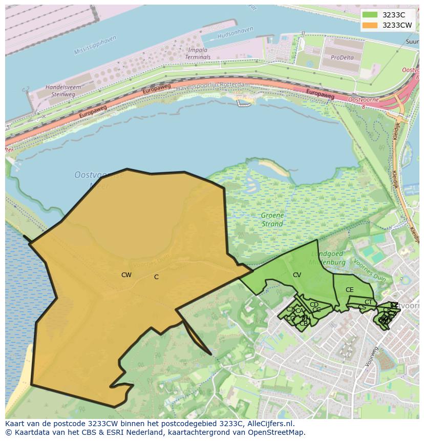 Afbeelding van het postcodegebied 3233 CW op de kaart.