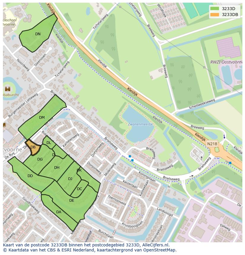 Afbeelding van het postcodegebied 3233 DB op de kaart.