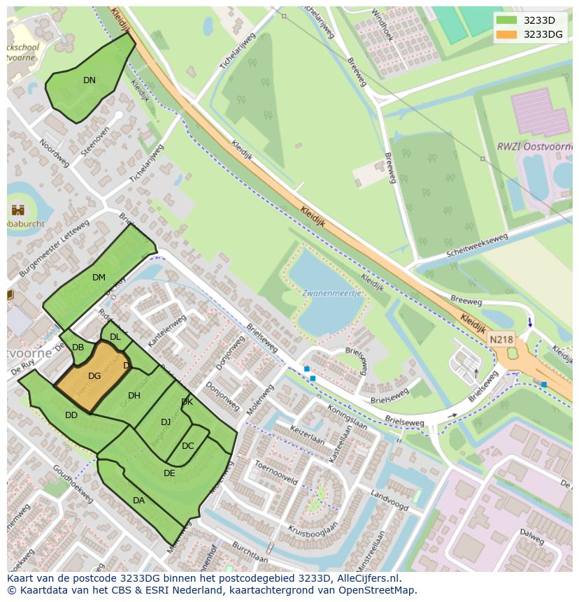 Afbeelding van het postcodegebied 3233 DG op de kaart.