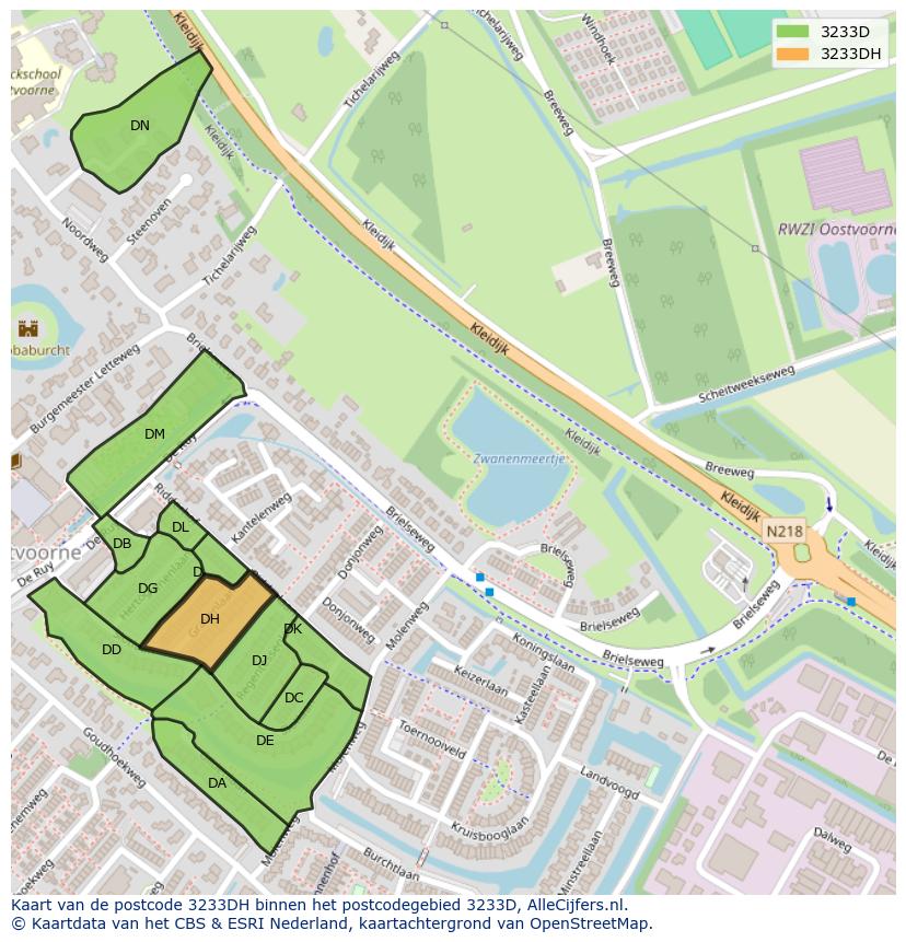 Afbeelding van het postcodegebied 3233 DH op de kaart.