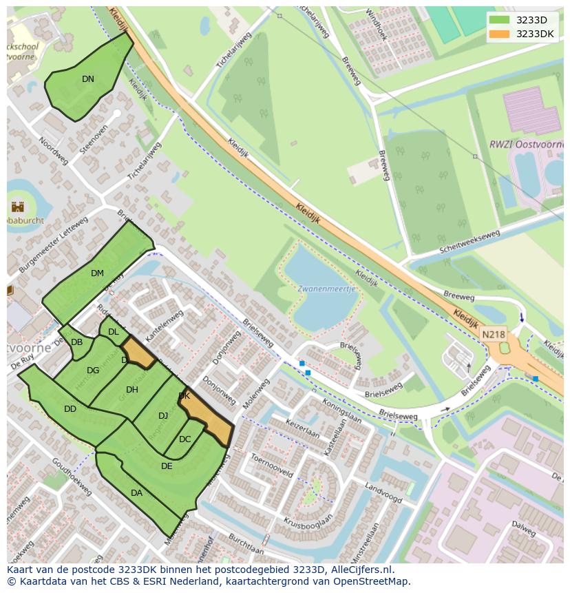 Afbeelding van het postcodegebied 3233 DK op de kaart.