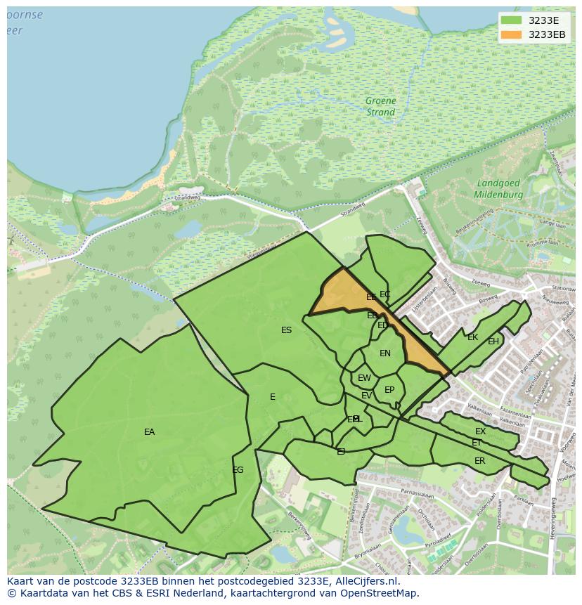 Afbeelding van het postcodegebied 3233 EB op de kaart.