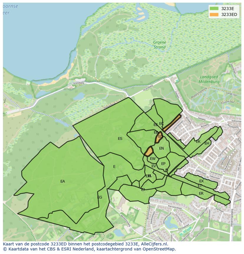 Afbeelding van het postcodegebied 3233 ED op de kaart.