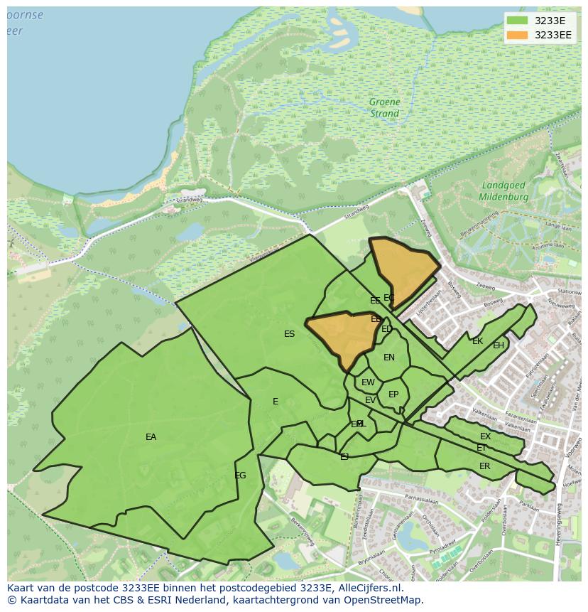 Afbeelding van het postcodegebied 3233 EE op de kaart.