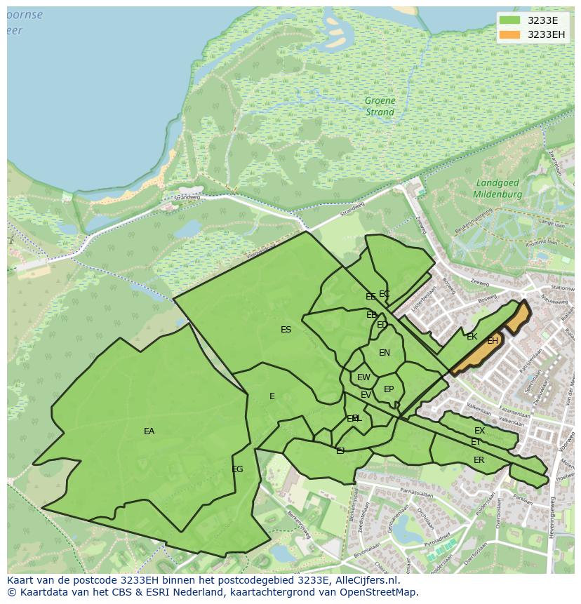 Afbeelding van het postcodegebied 3233 EH op de kaart.