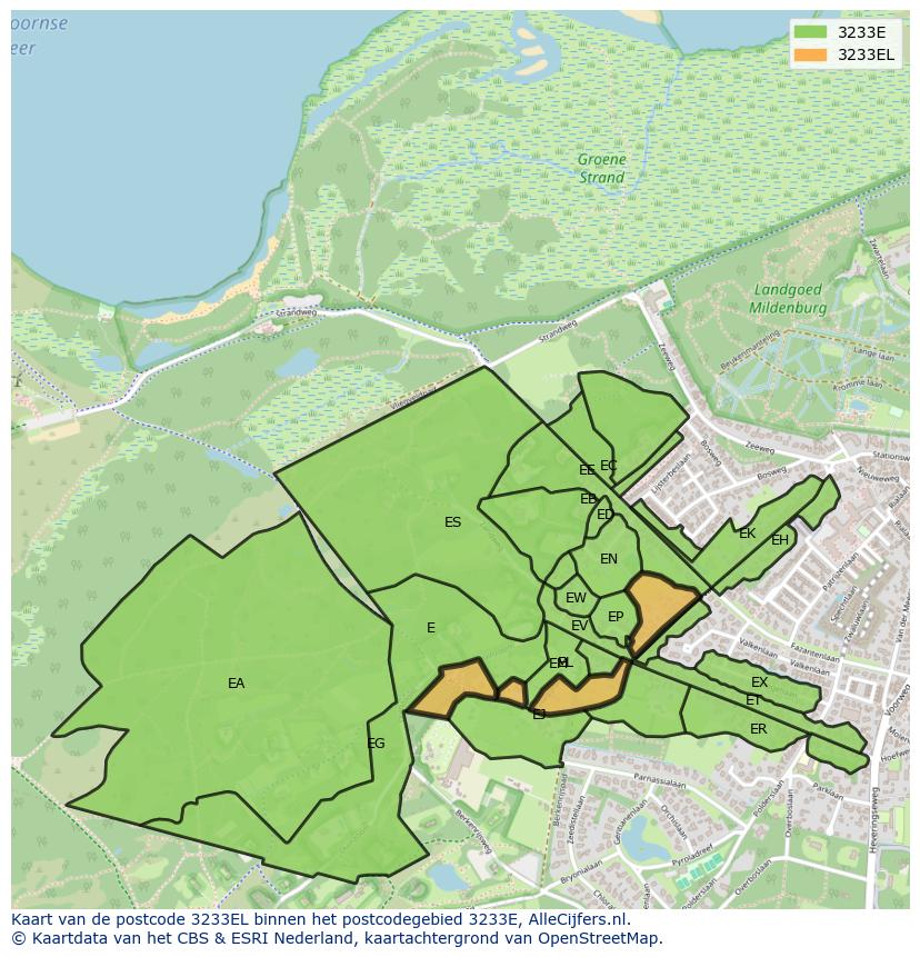 Afbeelding van het postcodegebied 3233 EL op de kaart.