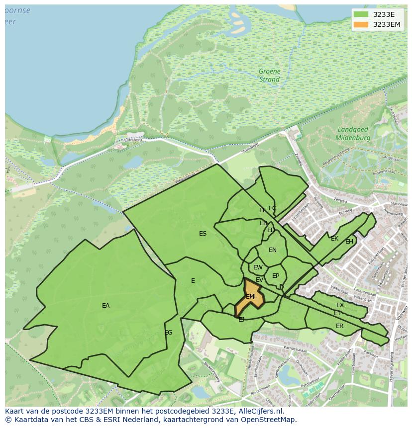 Afbeelding van het postcodegebied 3233 EM op de kaart.