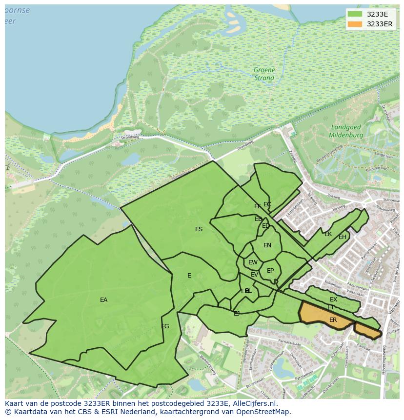 Afbeelding van het postcodegebied 3233 ER op de kaart.