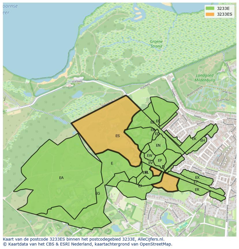 Afbeelding van het postcodegebied 3233 ES op de kaart.