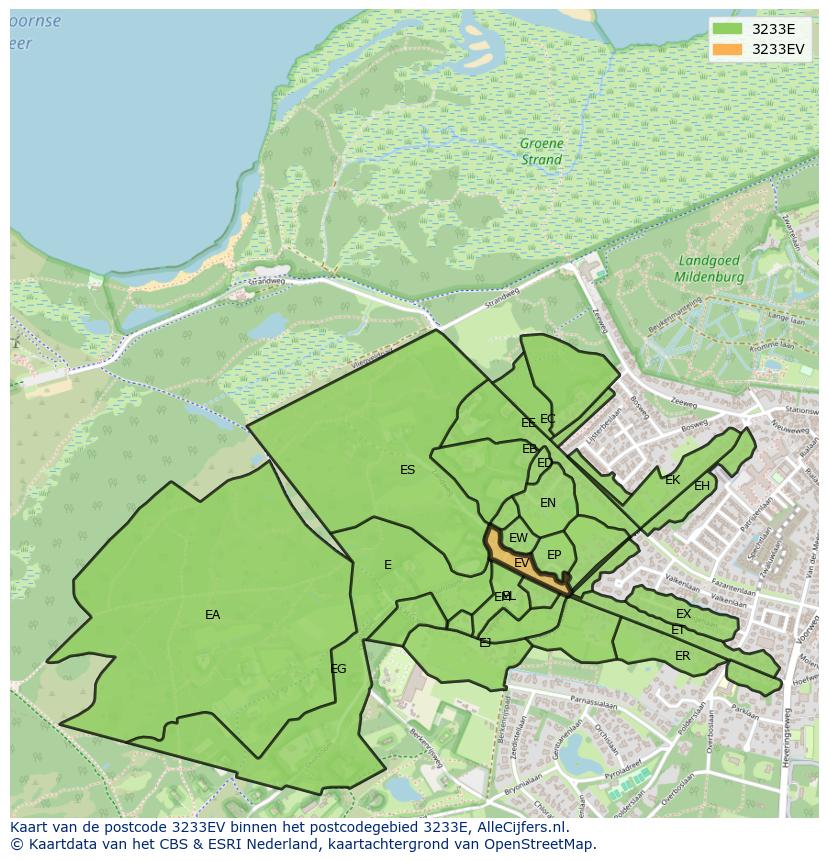 Afbeelding van het postcodegebied 3233 EV op de kaart.