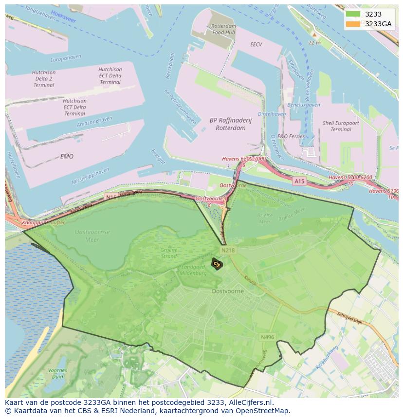 Afbeelding van het postcodegebied 3233 GA op de kaart.