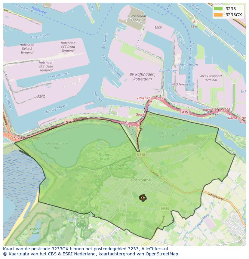 Afbeelding van het postcodegebied 3233 GX op de kaart.