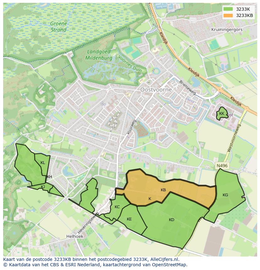 Afbeelding van het postcodegebied 3233 KB op de kaart.