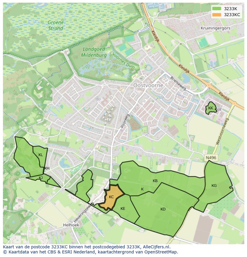 Afbeelding van het postcodegebied 3233 KC op de kaart.