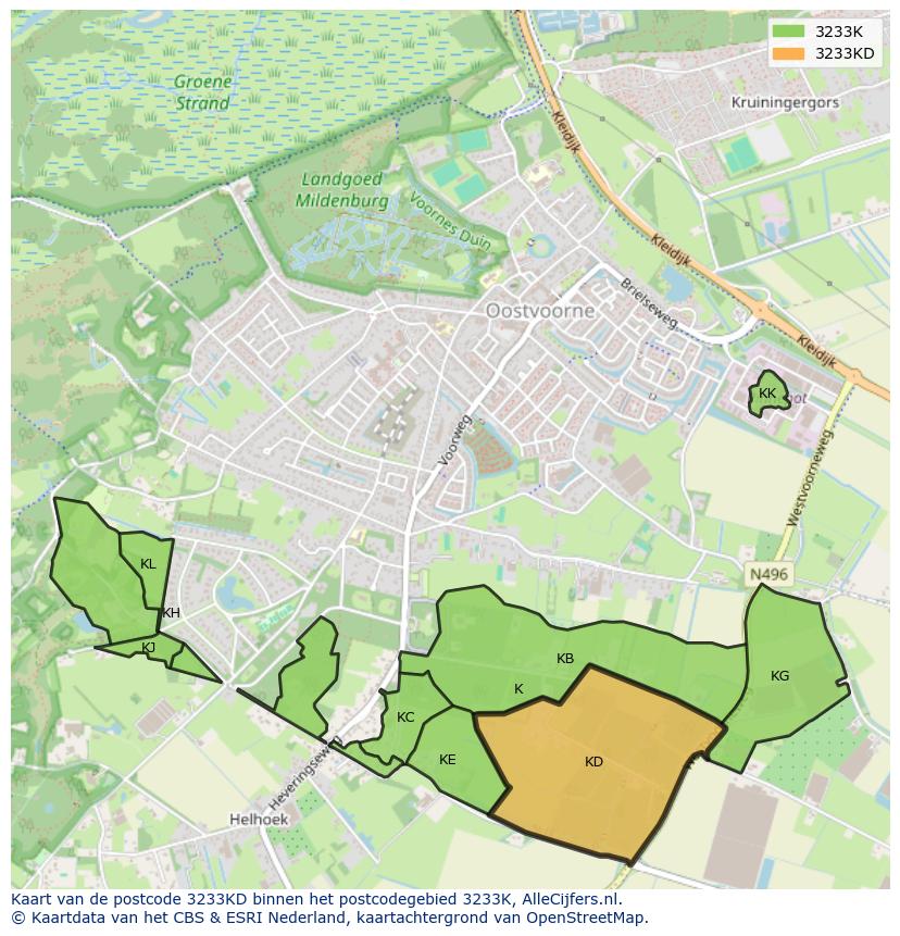 Afbeelding van het postcodegebied 3233 KD op de kaart.