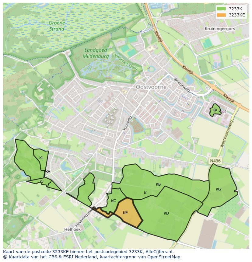 Afbeelding van het postcodegebied 3233 KE op de kaart.
