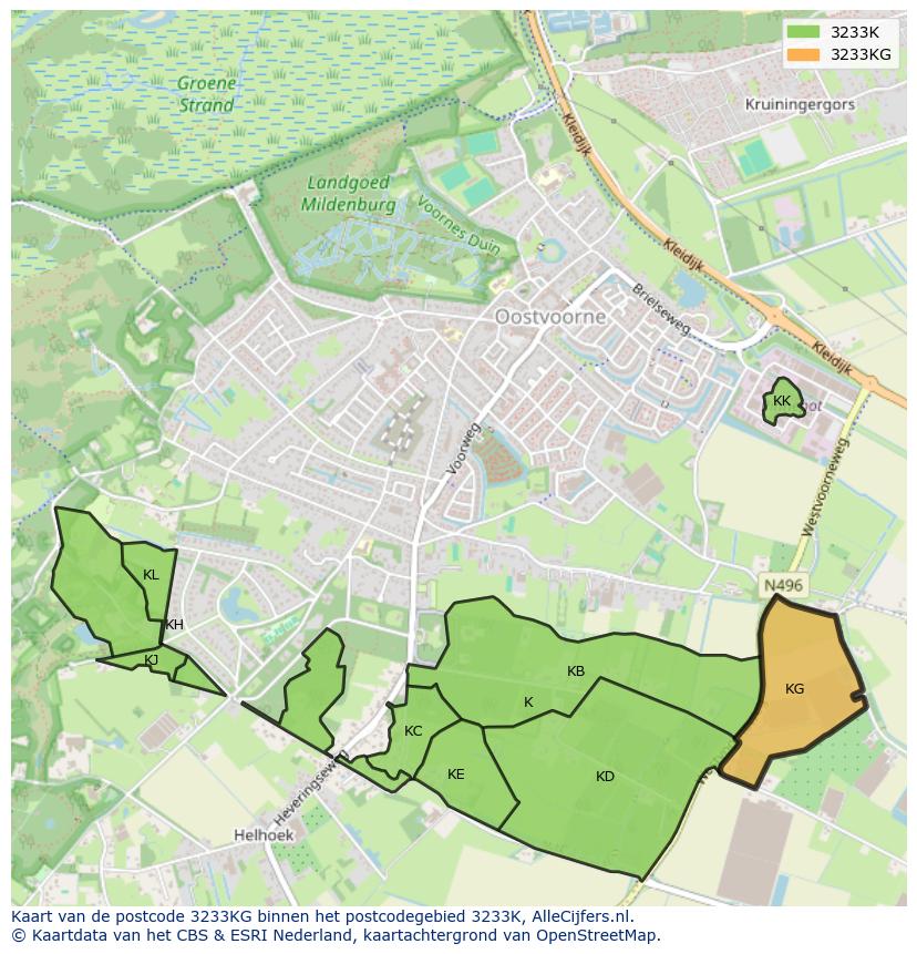 Afbeelding van het postcodegebied 3233 KG op de kaart.