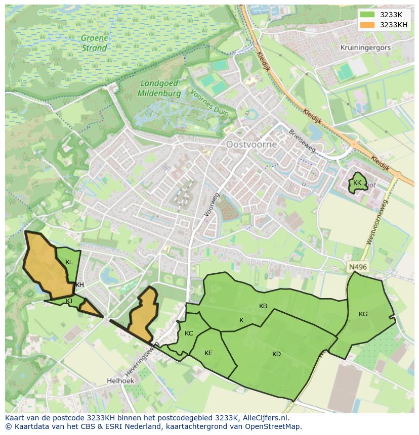 Afbeelding van het postcodegebied 3233 KH op de kaart.