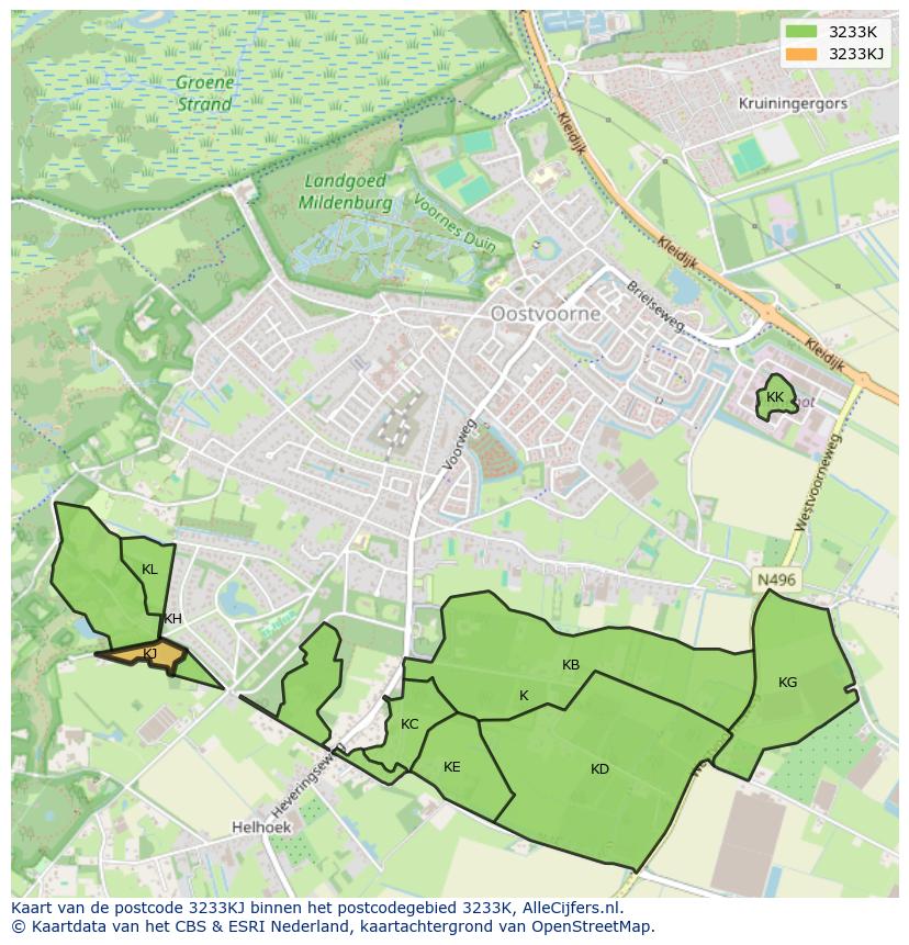 Afbeelding van het postcodegebied 3233 KJ op de kaart.