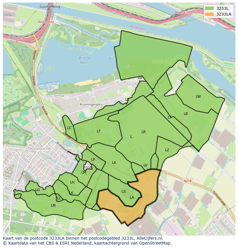 Afbeelding van het postcodegebied 3233 LA op de kaart.
